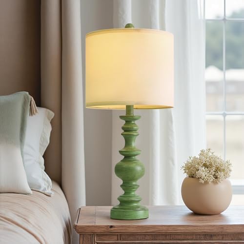 BOBOMOMO 24" Farmhouse Table Lamps Set of 2 – Sage Green Bedside Lamps with Linen Shades, Medium Traditional Lamps for Living Room, Bedroom, and Entryway, Vintage Lamp with Soft Natural Serenity