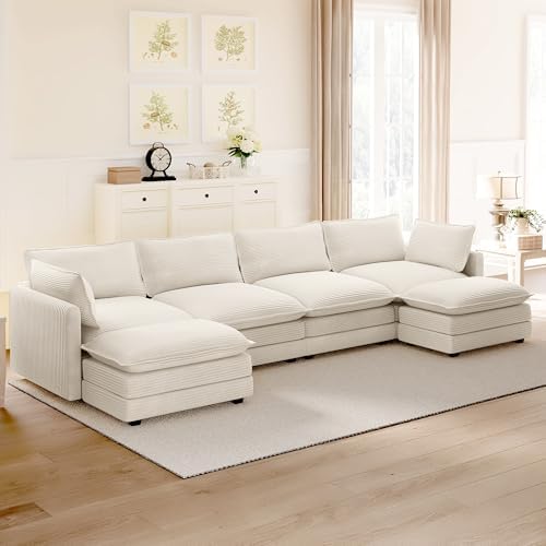ROWHY 148'' Modular Sectional Cloud Couch with 2 Movable Ottomans, Oversized 6 Seat Modern Corduroy Sofas, Deep Seat U Shaped Couch for Living Room Bedroom Apartment, Beige