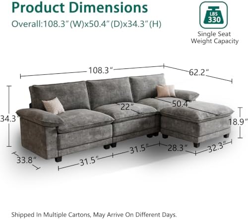 108" Modular Sectional Couch, L Shaped Cloud Sofa for Living Room