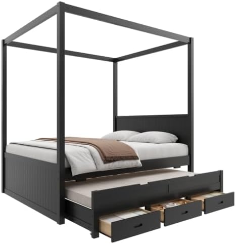 SANOFI Queen Size Wood Canopy Bed with Twin Size Trundle, Black