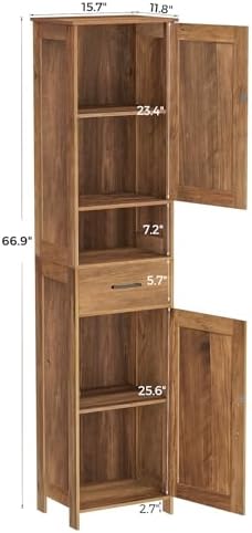 Homhedy 67" H Tall Bathroom Storage Cabinet with Barn Doors and Drawer | Narrow Storage Unit with Adjustable Shelves, Floor Cabinet for Bathroom, Living Room, Entryway,Kitchen,Rustic Walnut, 15.7" W