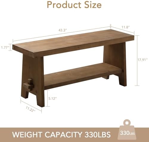 HOKYHOKY Wood Entryway Bench - 43.3" Farmhouse Long Storage Bench, Indoor