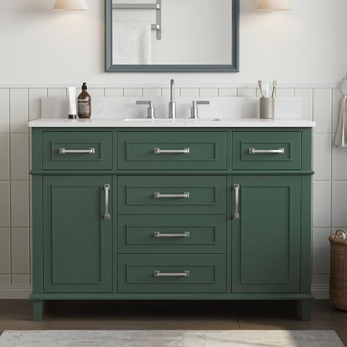 48 Inch Green Bathroom Vanity with Sink, Pre Assembled | Freestanding Solid Wood Bathroom Vanities with 2 Soft Close Doors & 5 Dovetail Drawers, 0.78" Stone Top, Backsplash