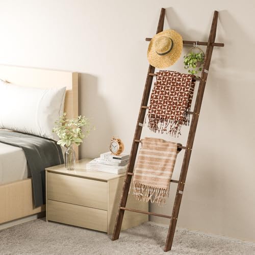 Farmhouse Wooden Blanket Ladder with Removable Hooks Brown 6-Tier