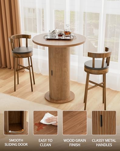 Bar Table with Storage and Sliding Door, 39.4” H 31.5” W Small Round Kitchen Table, Home Bar High Top Cocktail Table for Kitchen, Coffee Bar, Living Room, Walnut