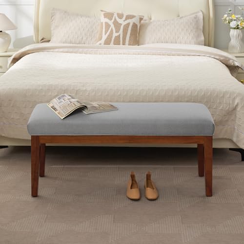 WUTUTUEE 43.5'' Linen Bedroom Bench, Upholstered End of Bed Bench, Padded Vintage Dining Bench, Entryway Bench with Solid Wood Legs, Kitchen, Living Room, Hallway, Light Grey