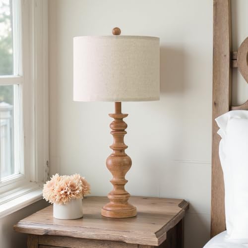 BOBOMOMO 27" Light Brown Table Lamps Set of 2, Large Farmhouse Resin Lamps with Linen Shades, Rustic Vintage Lamps for Living Room, Bedroom, Console Table or Entryway Home Lighting