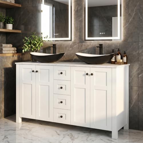 48" Bathroom Vanity with Sink, White Modern Freestanding Bathroom Vanity Cabinet with Marble Texture Top and 4 Drawers, Two Black and White Boat Ceramic Vessel Sinks