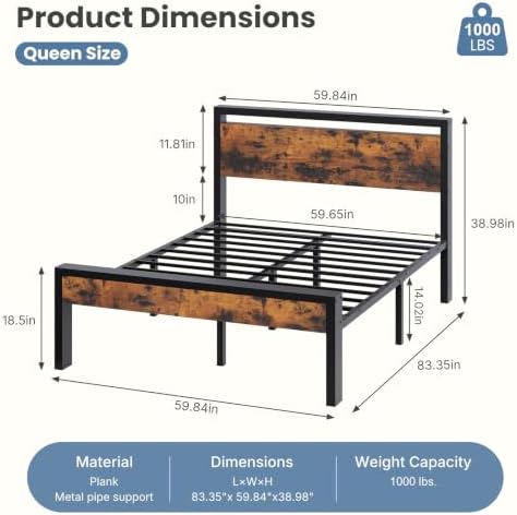 Sweetcrispy Queen 14 Inch Platform Bed Frame with Headboard & Storage, Rust