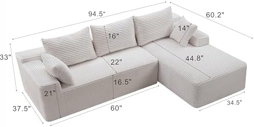 95" L-Shaped Right Facing Cloud Sectional Couch for Living Room, Modular Compressed Boneless Sectional Sofa Corduroy Boneless Corner Foam Sofa W/Chaise Lounge and Pillows