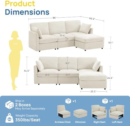 Iroomy Sectional Cloud Couch for Living Room, Spring Cushion Seating, L Shaped Convertible Modular Sofa with Ottoman, Beige