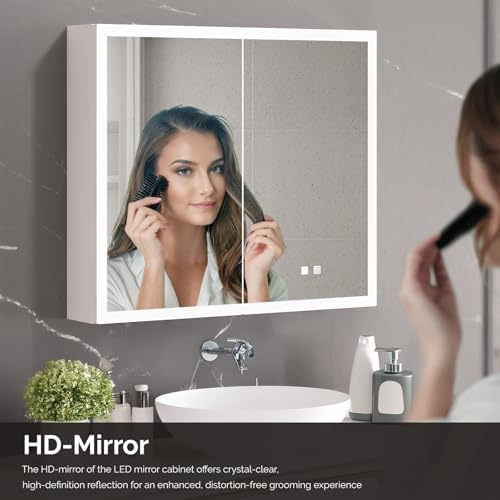 VINGLI Lighted Medicine Cabinet with Mirror Bathroom Mirror Medicine Cabinet Wall Mounted with Storage LED Lights Charging Station Defogger Modern Bathroom Mirrors for over Sink with Storage (32"*28")