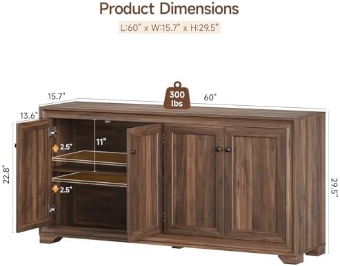 ONBRILL 60" Buffet Cabinet with Storage, 4 Doors & Adjustable Shelves Brown