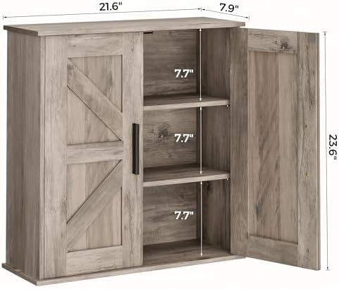 Homleke Bathroom Wall Cabinet, Medicine Cabinet with Adjustable Shelves | 3-Tier Wall Mounted Over Toilet Storage with Barn Doors, for Bathroom, Kitchen, Entryway, Laundry Room, Greige, (7.9" D)