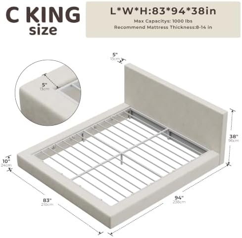 RECCI AirFrame California King Upholstered Bed Frame with Padded Headboard