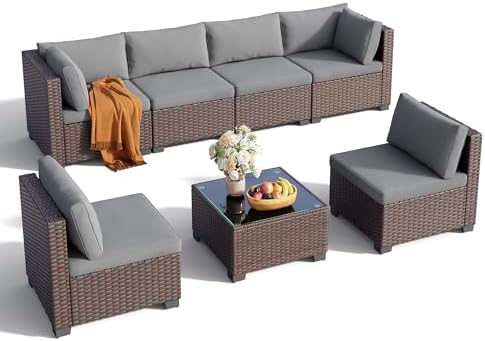 Qsun 7 Pieces Outdoor Patio Furniture Set, PE Rattan Outdoor Wicker Sectional Furniture Sofa Set, with Cushions and Glass Coffee Table, for Balcony, Porch, Garden, Grey