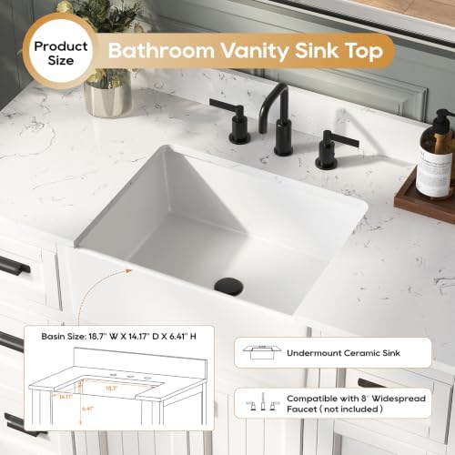 48 Inch Bathroom Vanity with Sink, Fully Assembled, White | Farmhouse Solid Wood Single Sink Bathroom Vanity with Soft Close Doors & Dovetail Drawers, Apron Farm Sink, 0.78" Stone Top