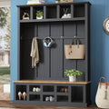 Farmhouse Wood Hall Tree with Bench and Shoe Storage, 5-in-1 Coat Rack with 6 Hooks for Entrance, Hallway Black