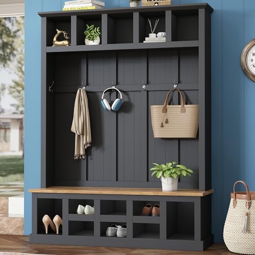 Farmhouse Wood Hall Tree with Bench and Shoe Storage, 5-in-1 Coat Rack with 6 Hooks for Entrance, Hallway Black