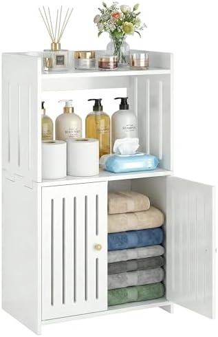 HAYOFAMY 3-Tier Bathroom Storage Cabinet 8.7" D x 14.2" W x 24.8" H | White Floor Cabinet, Freestanding Organizer with Door, for Living Room Kitchen Small Space, PVC Material