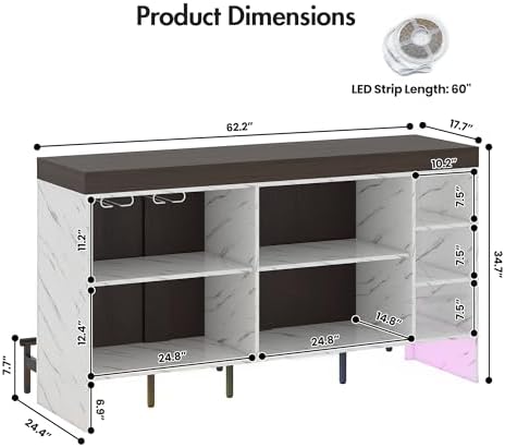 62" Sliding Top Expandable Bar Table with LED Lights, Counter Height Home Bar Cabinet with Shelves & Storage, Marble Finish Modern Bar Island for Kitchen, Living Room, Basement