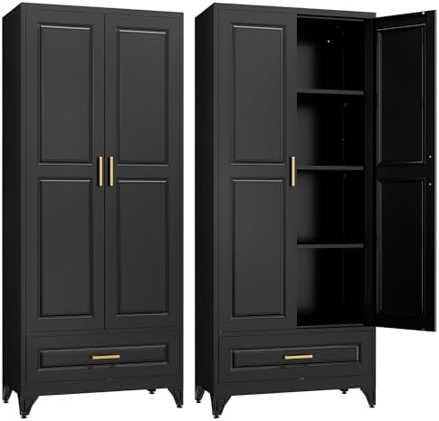 SteeLoong 75" Metal Storage Cabinet with Doors and 3 Adjustable Shelves | Kitchen Pantry Cabinet with Drawer,Black Kitchen Cabinet with 2 Gold Handles,Food Cupboard for Livingroom,Pantry, Bathroom