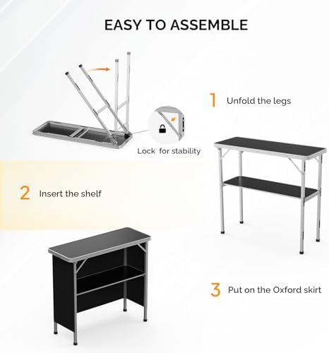 VINGLI Portable Bar Table, 2-Tier Shelves, Mobile Bar Table for Events, Party, Camping, Picnic, Tradeshow, Indoor with Black Skirt, 39 "L x 34" H