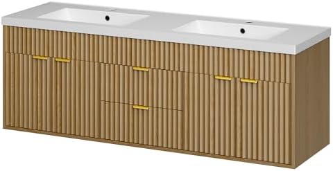 CARPETNAL 60 Inch Bathroom Vanity with Sink, Natural Oak. | Modern Fluted Large Double Sink Bathroom Vanity with Sink with 2 Storage Cabinets, Adjustable Shelf and 2 Drawers.