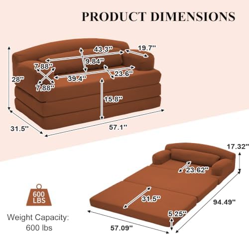 57” Convertible Sleeper Sofa Bed, Boneless Couch, Orange