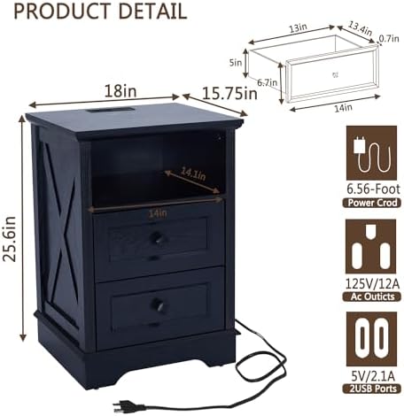 Farmhouse 2 Drawers Dresser for Bedroom,Black Dresser with Charging Station