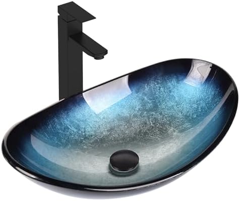24 Inch White Bathroom Vanity with Marble Texture Top, Traditional Standing Pedestal Cabinet with Blue Boat Glass Sink