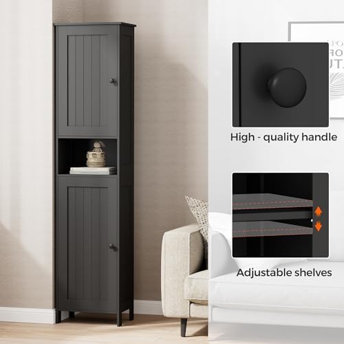 Homleke Tall Bathroom Storage Cabinet with 2 Doors, Slim Bathroom Cabinet | Narrow Storage Cabinet with Adjustable Shelves, Reversible Door, Easy Assembly, for Bathroom, Living Room, Black, 15.7''W