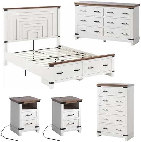 AMERLIFE 5-Piece Farmhouse Bedroom Set, Rustic Wood Queen Bed Frame with 54" Tall Headboard, 6-Drawer Dresser Chest, 5-Drawer Tall Chest, Nightstands Set of 2 with Charging Station, White