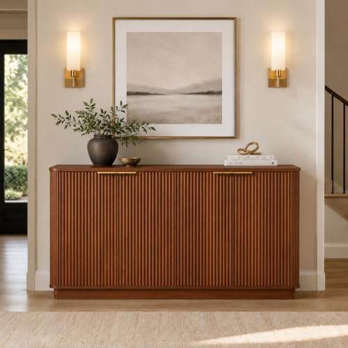 USHOWER 63" Fluted Buffet Cabinet with Storage, Wooden Sideboard, Walnut