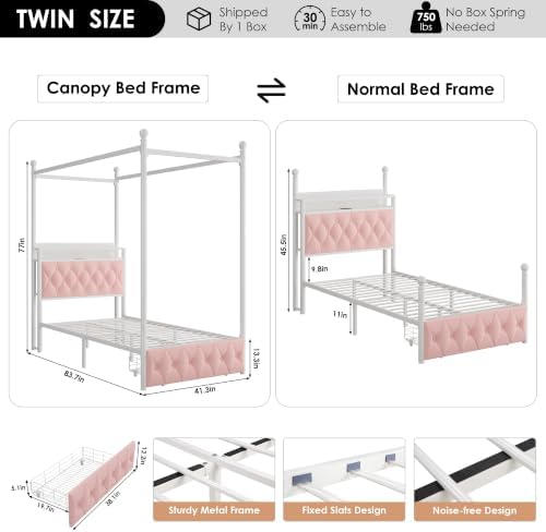 HIFIT Twin Size LED Canopy Bed Frame with Storage & Charging Station, Pink