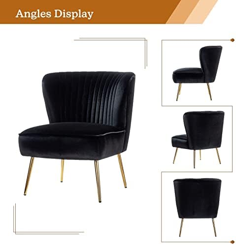 HULALA HOME Velvet Accent Chair, Modern Upholstered Cute Side Chair with Gold Metal Legs, Armless Wingback Slipper Chair Comfy Living Room Chair for Bedroom Guest Room Vanity,Black