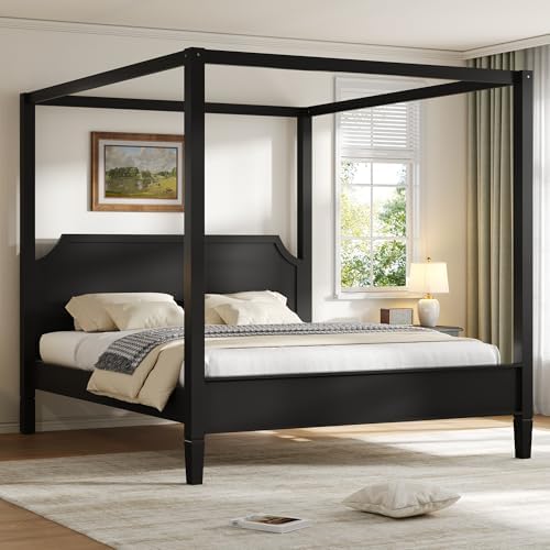 Queen Size Wood Canopy Bed Frame, Black Vintage Four-Posters Platform Bed Frames with Headboard, 10-Slat Support Wooden Post Beds, 8" Under Bed Storage, Easy Assembly (Black, Queen, 77"H)