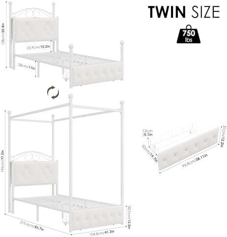 Keyluv Twin Upholstered Canopy Bed Frame with Drawer & Crystal Tufted Storage Headboard Metal Platform Bed with Charging Station & 4 Removable Posts No Box Spring Needed Curtain Not Included, Beige