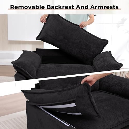 Oversized Accent Chair,44" Chenille Living Room Chairs,Modern Upholstered Armchair Cloud Sofa Chair with Extra Thick,Comfy Reading Chair Side Chair for Living Room Bedroom Apartment Black