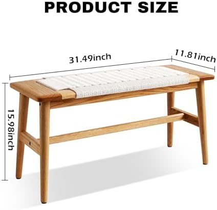 31.5'' Woven Dining Beach with 100% Solid Oak Wood Bench Frame, Hand Knitted Rope Designed Bed End Shoe Bench for Kitchen Bedroom Entryway, White