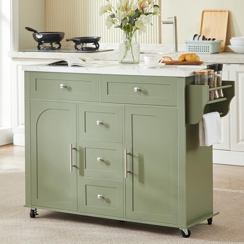 ONBRILL 47" Kitchen Island with 2 Storage Cabinets & 5 Drawers, Green
