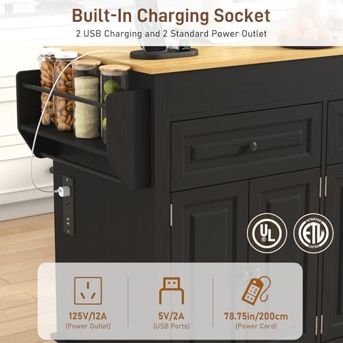 80"-48" Extendable Kitchen Island with Extended Dining Table and Power Outlet,Large Mobile Kitchen Storage Islands with 2 Storage Drawers,Rolling Islands Cart with 3 Extra Rows Open Shelves(Black)