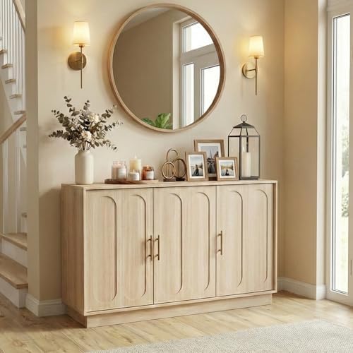 holzart 46.6" Modern 3 Door Storage Cabinet, Light Oak Sideboard Buffet Cabinet with Gold Handles, Large Fluted Wood Accent Credenza for Dining Room, Living Room, Coffee Bar
