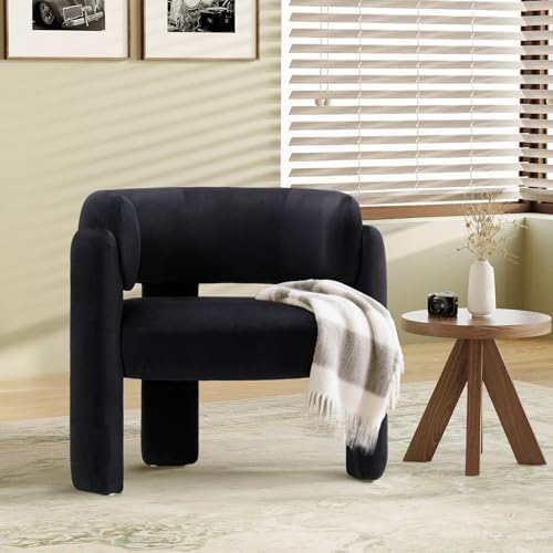 COLAMY Modern Accent Chair, Velvet Accent Chairs, Upholstered Barrel Chairs with Solid Wood Legs, Comfy Side Chair for Living Room, Bedroom, Reading, Cozy Reading Chair,Black