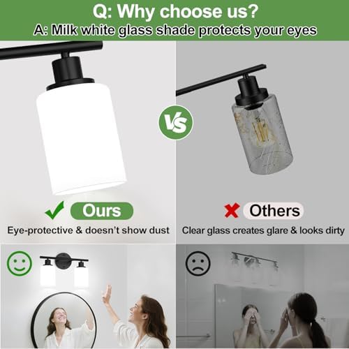 Zarbitta 2-Light Bathroom Light Fixtures,Black Modern Vanity Lights with Milky White Frosted Glass Shades,Bathroom Wall Lamp for Mirror Kitchen Living Room Hallway Cabinet Porch