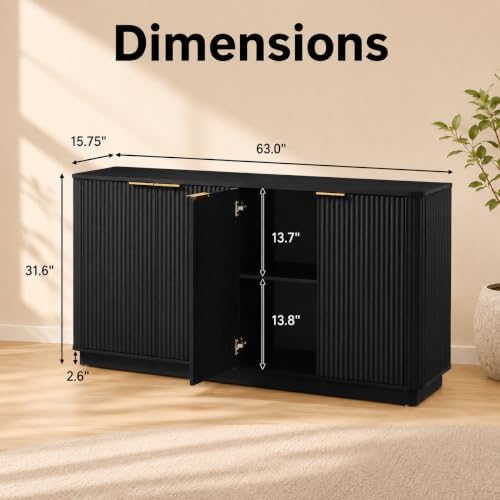 USHOWER 63" Fluted Buffet Cabinet with Storage, Wooden Sideboard, Black