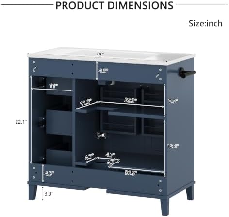 YOPTO 36" Bathroom Vanity with Sink, Freestanding Bathroom Cabinet | Ceramic Top & Backsplash, 4 Storage Drawers, X-Shaped Doors, Adjustable Shelving, Door Storage and Towel Bar, Navy Blue