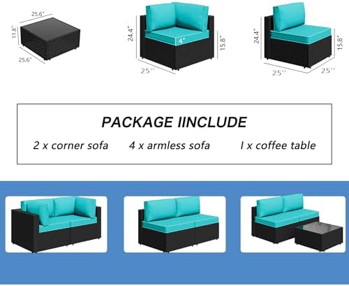 Shintenchi 7 Piece Outdoor Patio Furniture Set with Black PE Rattan, Blue