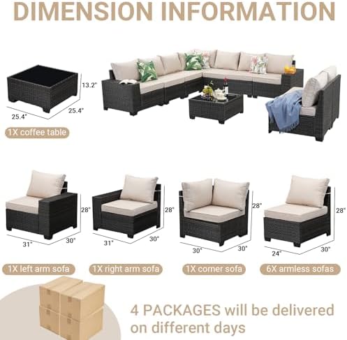 Jing's Villa 10-Piece Patio Furniture Set, All-Weather Outdoor Wicker Sectional Sofa with Cushions, Glass Table & Left and Right Armrest, Rattan Conversation Seating for Porch, Garden, Backyard,Beige