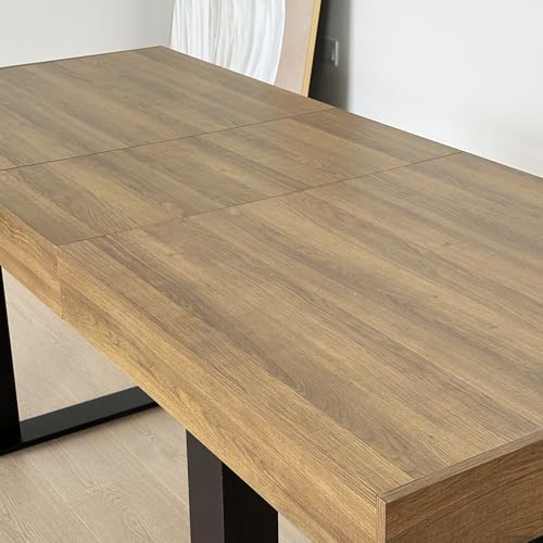63" - 79" Extendable Dining Room Table, Expandable Kitchen Table for 6 to 10 People, Modern Wood Conference Table, Large Farmhouse Dining Table(Brown & Black, Double-U Base)